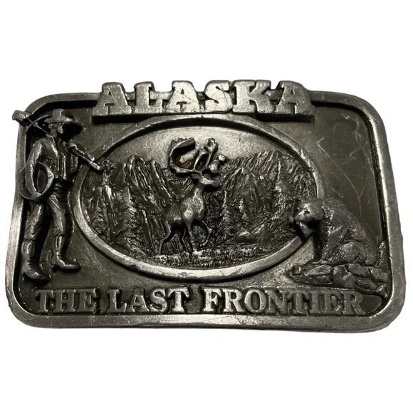Vintage 80s Alaska The Last Frontier Belt Buckle Caribou Gold Miner Grizzly Bear 1980 Solid Brass Bear Belt Buckle USA 483 Dewey Miller The  main image 3